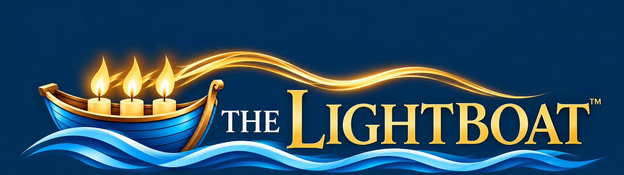 The Lightboat™ — a blue boat guided by three candles and a shared golden light.